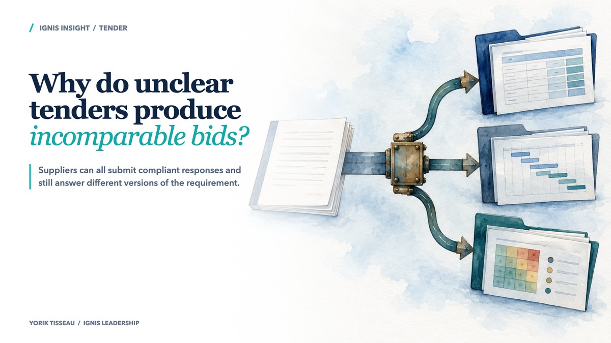 One tender document branches into three different supplier offer folders showing price, programme and risk.