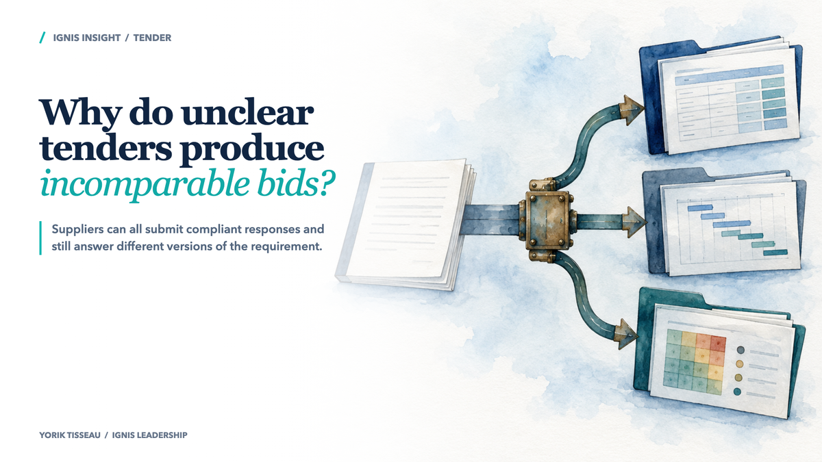 One tender document branches into three different supplier offer folders showing price, programme and risk.