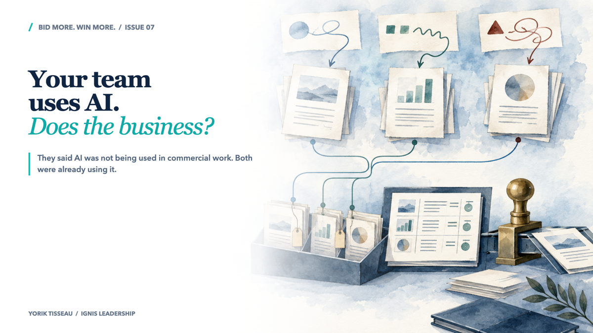 A watercolour editorial illustration shows three separate prompt cards producing different document outputs, which are then organised into one evidence-linked comparison workflow ending at a brass human-approval gate.