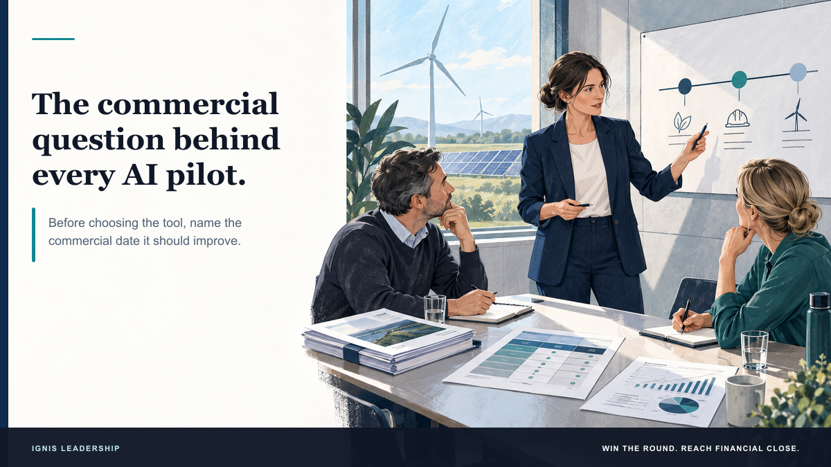 Editorial illustration of a renewable-energy project team reviewing a commercial decision beside a project timeline, with wind turbines and solar panels visible beyond the room.