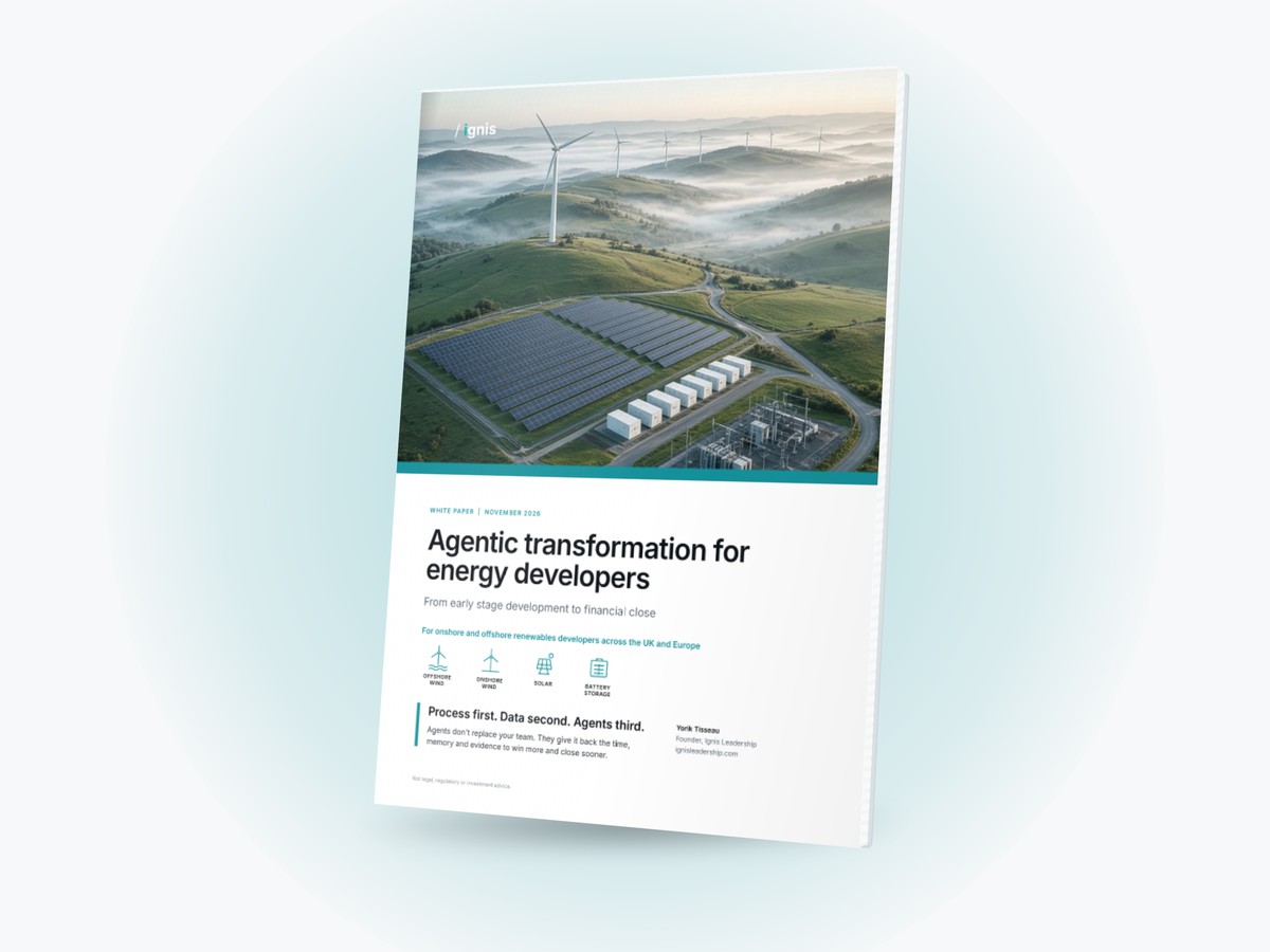 Cover of the Ignis guide Agentic transformation for energy developers, shown as a printed book.