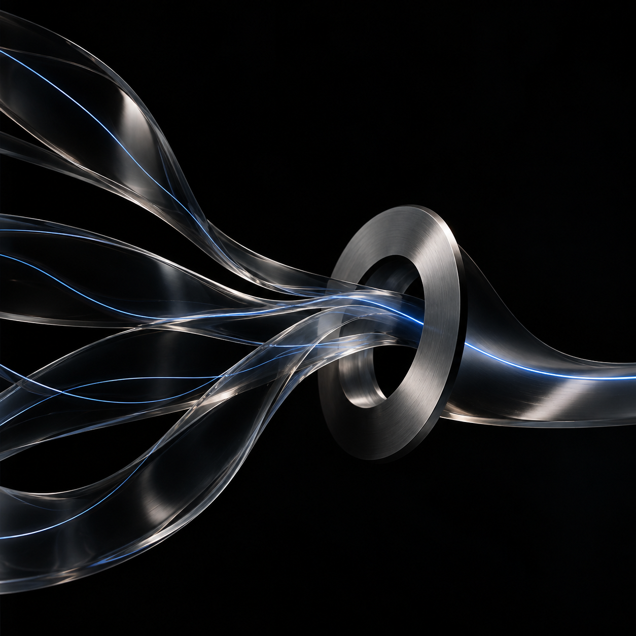 Abstract blue glass ribbons converging through a precise metal aperture