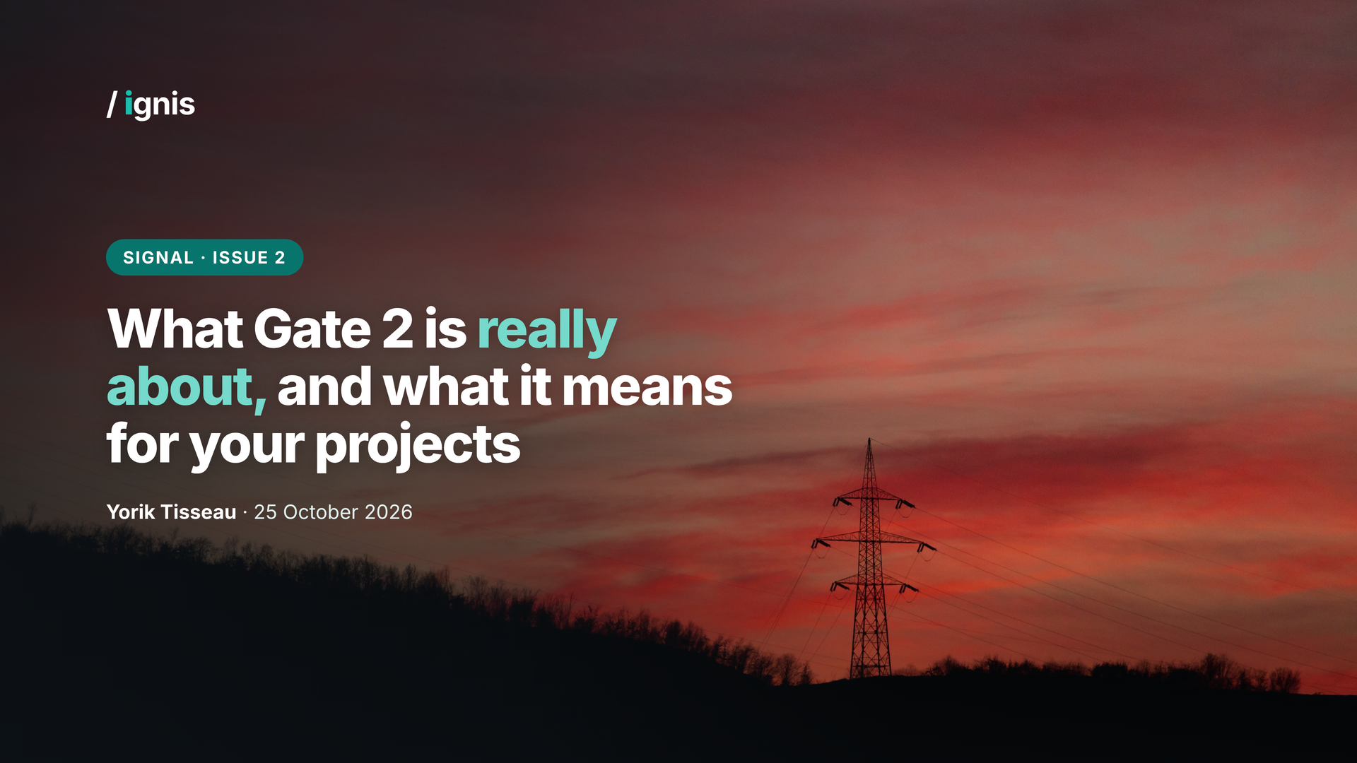 Signal Issue 2 cover: What Gate 2 is really about, and what it means for your projects, over a photo of an electricity pylon at dusk.